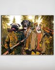 Personalized 'The Hunters' poster featuring three pets as hunters in a forest, matte finish.