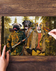 Personalized 3-pet puzzle featuring dogs in Renaissance hunter portraits on a wooden table.