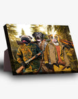 Personalized standing canvas featuring three pets (pug, labrador, boxer) in hunter outfits in a forest setting.