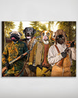 Personalized 'The Hunters' poster featuring four pets as hunters in a forest, matte finish.