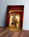 Personalized 'Indiana Bones' pet canvas featuring a French Bulldog in a fedora and whip on a red background.