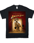 Black Gildan t-shirt featuring "The Indiana Bones" personalized pet design with a dog in a fedora and whip.