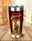Personalized stainless steel tumbler with a custom dog portrait in an "Indiana Bones" adventure style.
