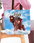 Personalized tote bag with a custom pet portrait of a dog as Iron Man in a renaissance style.