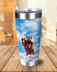 Personalized stainless steel tumbler with a custom pet portrait of a dog dressed as Iron Man.