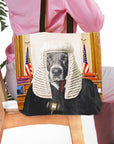 Personalized 'Judge' pet portrait tote bag featuring a dog in a judge's wig and robe.