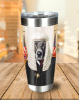 Personalized stainless steel tumbler with a custom portrait of a dog dressed as a judge with a wig and gavel.