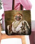 Personalized 'King Blep' tote bag with a custom renaissance royal portrait of a pug dog.