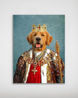 Golden Retriever dog portrait as a king, wearing a gold crown, ornate robe, and holding a scepter.