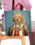 Personalized tote bag with a custom royal portrait of a Golden Retriever dog in a crown and regal attire.