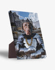 Personalized pet standing canvas featuring a chocolate lab in knight armor with a gold chain, against a castle backdrop.