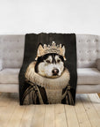 Personalized pet blanket with a husky in a renaissance royal portrait, queen with crown and pearls.