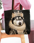 Personalized black tote bag with a custom royal renaissance portrait of a husky dog wearing a crown.