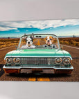 Two personalized pets, a French Bulldog and an English Bulldog, driving a vintage teal lowrider convertible on a desert road.