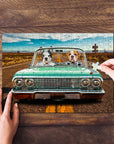 Personalized 2 pet puzzle featuring dogs in a vintage lowrider car, with hands assembling pieces.