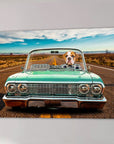 Personalized pet canvas featuring a bulldog driving a vintage teal lowrider convertible on a desert road.