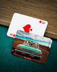 Personalized playing cards with three pets in a green lowrider car, next to an Ace of Spades.