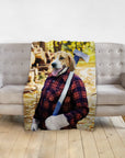 Personalized pet blanket with a beagle's head on a lumberjack body holding an axe.