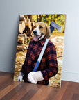 Personalized Beagle pet canvas in a red plaid lumberjack shirt holding an axe, leaning on a wall.