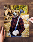Personalized pet puzzle featuring a beagle dog in a lumberjack outfit holding an axe.