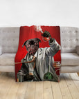 Personalized pet blanket with a black pug in a mad scientist portrait on a red background.