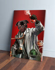 Personalized pet canvas featuring a black pug as a mad scientist on a red background.