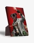 Personalized pet standing canvas featuring a black pug as a mad scientist in a lab coat, holding a smoking beaker against a red background.