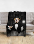 Personalized pet blanket with a bulldog in a magician's tuxedo holding cards and a wand.