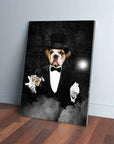 Custom bulldog pet portrait canvas as a magician in a black suit, top hat, holding cards and a glowing wand.