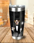 Personalized stainless steel tumbler with a custom bulldog pet portrait as "The Magician" in a black suit.