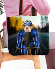 Personalized tote bag with a bulldog pet portrait in a male cyclist outfit.