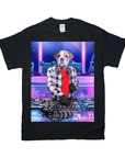 Black Gildan t-shirt with a bulldog DJ wearing headphones, plaid shirt, and red tee, mixing music.