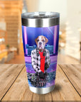 Personalized stainless steel tumbler with a bulldog DJ pet portrait on a vibrant purple background.