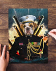 Personalized pet puzzle featuring a bulldog in a Marine uniform, on a wooden table.
