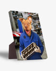 Personalized pet standing canvas featuring a dog in a blue mechanic's uniform holding an engine part.