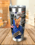 Personalized stainless steel tumbler with a custom dog portrait as a mechanic holding an engine part.