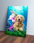 Golden Retriever dog as a mermaid on a personalized canvas, underwater scene with coral and blue water.