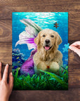 Personalized 'Mermaid' pet puzzle featuring a golden retriever as a mermaid in an underwater scene.