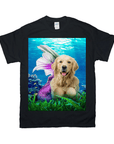 Black Gildan t-shirt featuring a golden retriever dog as a mermaid underwater with purple tail and seashell top.