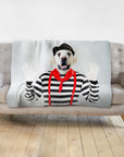 Personalized pet blanket with a golden retriever dog portrait dressed as a mime.