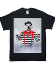 Black Gildan t-shirt featuring a white dog dressed as a mime with a beret, striped shirt, and red suspenders.