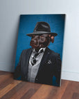 Personalized 'Mobster' pet canvas featuring a dog in a black fedora and suit against a blue background.