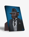 Personalized pet standing canvas featuring a brown dog in a black mobster suit and fedora against a blue background.