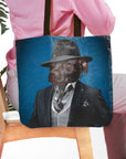 Personalized 'Mobster' tote bag with a custom dog portrait in a suit and fedora on a blue background.