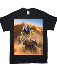 Black Gildan t-shirt with a personalized design of a Weimaraner dog's head on a motocross rider.