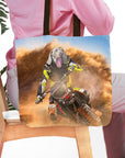 Personalized tote bag with a dog's head on a motocross rider in a dusty race.