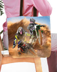 Personalized pet portrait tote bag featuring two dogs as motocross riders in a dusty race.