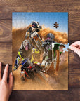 Personalized 3 pet motocross puzzle with dogs' faces on riders, one piece being placed.