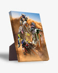 Personalized 3-pet motocross riders canvas with a standing easel back, featuring a dog and two other pets.