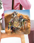 Personalized 3-pet tote bag featuring dogs as motocross riders in a dusty race scene.